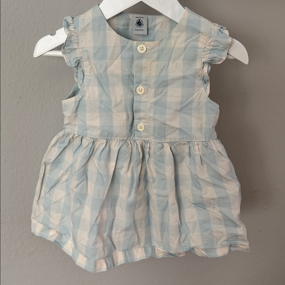 Petit Bateau Pastel Blue and White Checked Baby Dress size 12M